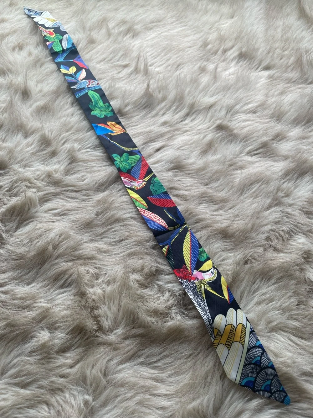 Poly Skinny Bandana Scarf with Multicolor Tropical Print